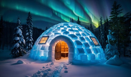 Ice hut in the snowy landscape with northern lights - havas, erdo, tel, fagyos, fak, havas taj, jegkunyho, ho, csillagos egbolt, eszaki feny