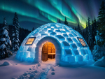 Ice hut in the snowy landscape with northern lights