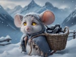 Mouse in gray cloak in snow mountain landscape