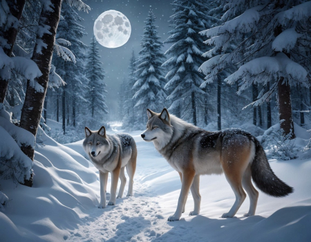 Moonlit Wolves in a Snowy Forest Path - havas, erdo, tel, hideg, fagyos, fak, havas ut, ho, este, allat, holdfenyes, farkas