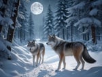 Moonlit Wolves in a Snowy Forest Path