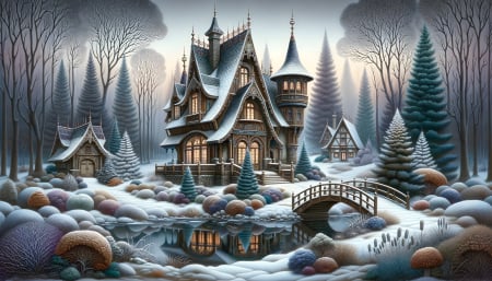 Victorian House & Frozen river - havas, erdo, tel, taj, befagyott, viktorianus haz, hidak, fak, ho, folyo