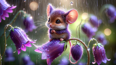 Mouse on a Flower in a Magical Garden - viragok, ules, kert, bajos, kiseger, ragcsalo, allat, eso, esocsepp