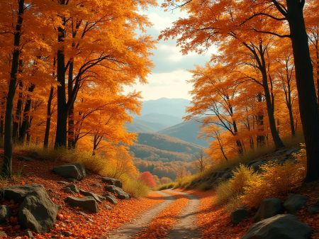 Tranquil Autumn Landscape with Golden Trees and Dirt Path - fall, mountains, digital, hills, leaves, colors, season, art