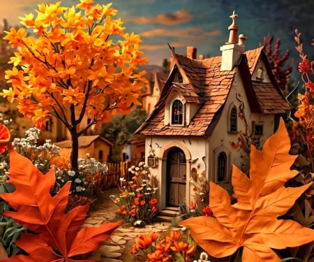 Autumn - fall, leaves, house, trees, painting, art