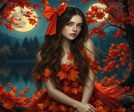 Autumn Beauty - fall, digital, evening, moon, leaves, artwork, girl, colors