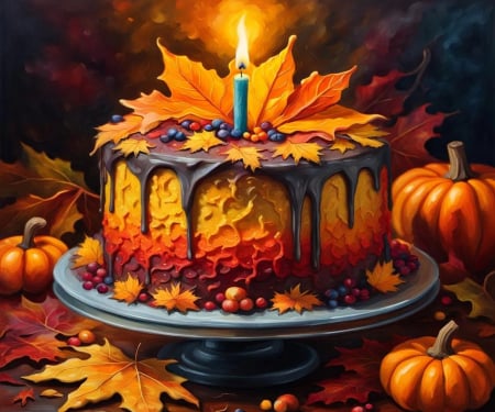 Delightfully Tasty Autumn Festive Cake! - fall, digital, leaves, artwork, colors