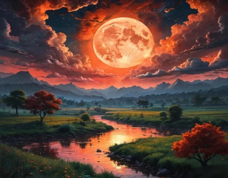 Fall skies.... - mountains, digital, landscape, artwork, clouds, river, moon, colors, autumn