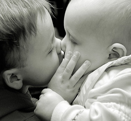 It starts with a kiss - baby, black and white, funny, photograph, cute