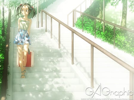 Going Down the Stairs - anime, anime girl, female, girl, cute, stair, stairway, walkway