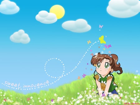 Chibi Kino Makoto - girl, female, sun, anime girl, field, butterfly, cloud, sailor jupiter, anime, sailormoon, cute, flower