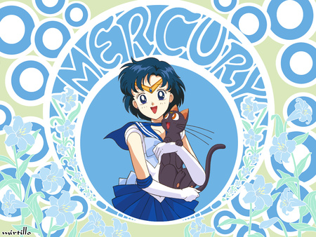 Sailor Mercury - anime, anime girl, sailormoon, female, girl, flower, cat, animal, kitten, cute, luna