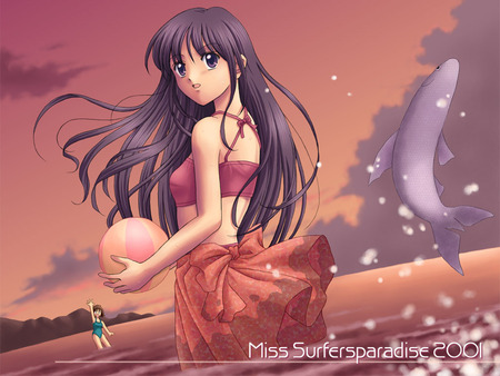 Swimsuit - beach, sexy, hot, girl, female, swimsuit, water, ball, anime girl, bikini, fish, anime, animal, cute