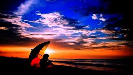 Loneliness - warm, clouds, blue, colourful, beauty, lovely, cool, sunset, sky