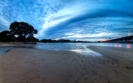 BLUE BEAUTY - lights, strait, beach, bridge, ocean, blue, trees, sunset, skies, dawn