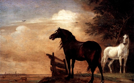 Horses in a Field - black, white, horses, painting, field, farm