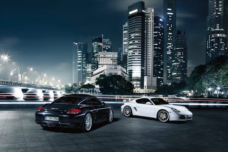 Porsche Cayman - frankfurt, porsche, cayman, skyline, buildings, black, germany, white, car