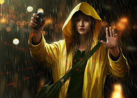 Rain - raincoat, movie, water, dangerous, 2012, fantasy, dead, yellow, digital art, drop, late, suicide, girl, rain, bomb, sad, bag, aim, surrender, picture, grenade, cry, 05, ray, 16