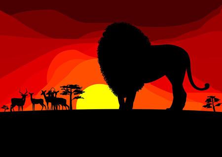 Silhouette - silhouette, trees, sunset, deer, abstract, lion