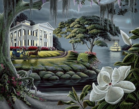 MAGNOLIA PLANTATION - moss, boat, steam, ocean, river, lovely, spanish, house, trees, plantation, painting, magnolia