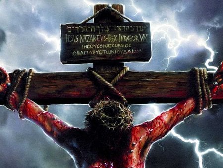 Christ on the Cross - bloody, easter, christ, cross, lightning