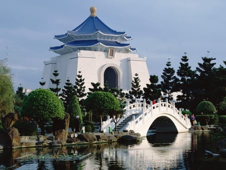 Chiang Kai Shek~Asia - trees, foilage, beautiful, temple, lake, asia, rocks, bridge