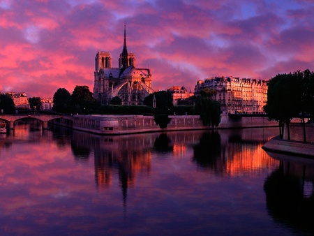 Notre Dame at Sunrise Paris France - sky, water, paris, purple, france, river, beautiful, pink, clouds, notre dame, sunrise