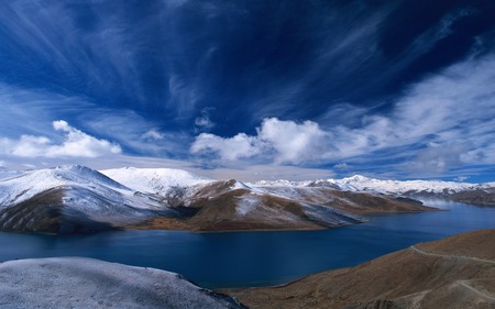 beautiful blue mountain landscape - bluesky, cloudyevening, brown mountain, blueway