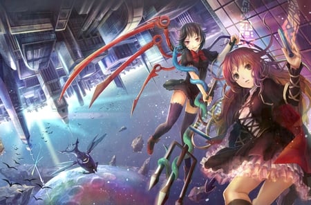 Upside Down  - anime, anime girl, female, wing, snake, girl, city, girls, fantasy, animal, cute, building