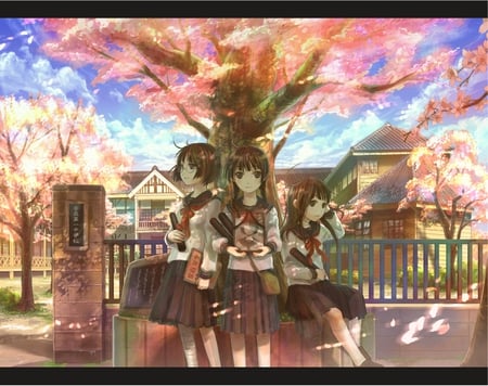 3 girl under the tree - girls, building, girl, female, anime girl, anime, tree, house, cute