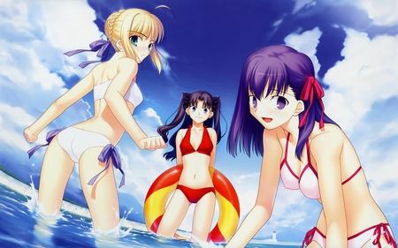 Fate Stay Vacation - saber, matou sakura, swimsuit, bikini, tousaka rin, fate stay night