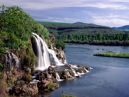 cascade of falls - lake, trees, cloudy sky, river, rocks