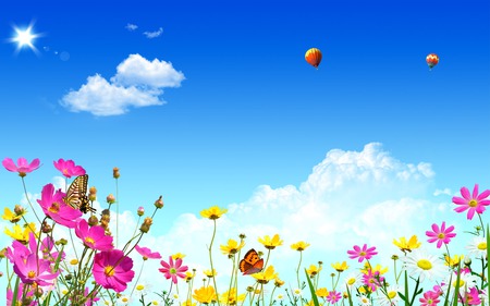 Beautiful Flowers - pretty, hot air balloons, blue, butterflies, splendor, daisy, landscape, spring, flowers, daisies, hot air balloon, view, nice, sky, clouds, beautiful, balloon, colors, lovely, colorful, nature, butterfly, balloons, fantasy landscape, peaceful