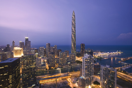 Chicago Spire - spire, skyline, bank, chicago, blue, night, buildings