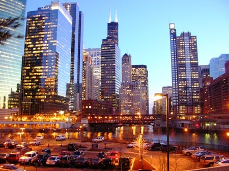 Chicago USA - usa, street, skyline, buildings, chicago, bank, lighting