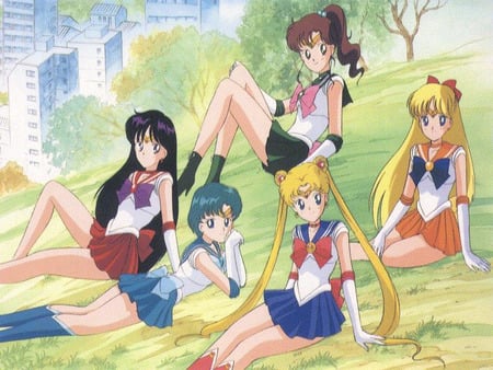 Sailor Moon Background - girls, cute, anime, anime girl, girl, building, group, sailormoon, field, female, tree, park