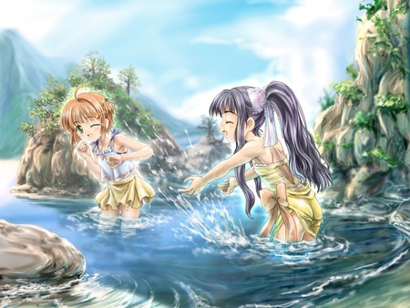 Sakura and Tomoyo Having Fun - hill, anime, anime girl, female, water, pond, rock, girl, mountain, girls, cute, card captor sakura