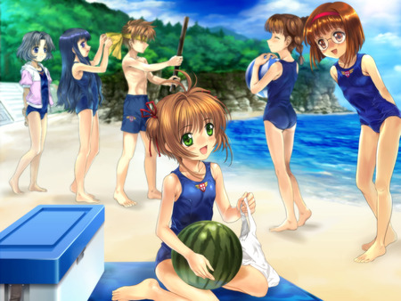 Fun at the Beach - anime, swimsuit, anime girl, female, water, beach, girl, sea, ocean, male, girls, group, boy, bikini, cute, card captor sakura