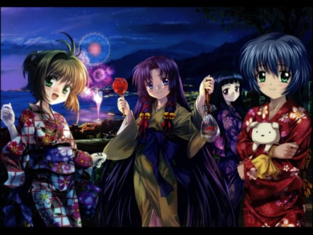 Bon Dori Festival - girls, girl, puppy, female, night, anime girl, firework, dog, fish, anime, animal, card captor sakura, kimono, cute, festival