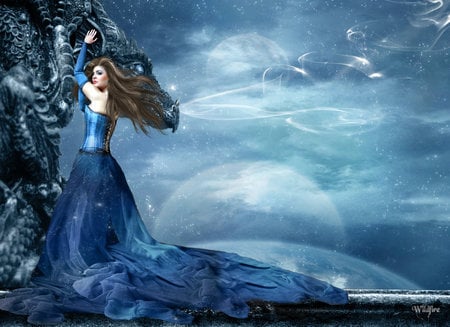 Dragon_Keeper - lady, sea, blue, dress