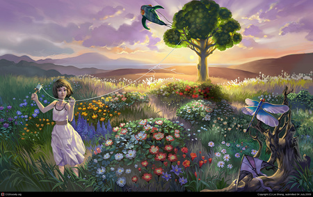 paper dragon - flowers, girl, fantasy, nature