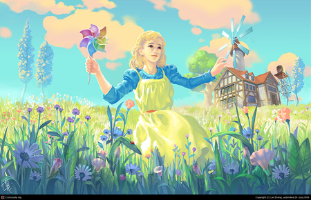 lucky mill - flowers, mill, girl, blue