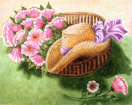 Summer Flowers - cane chair, flowers, garden, hat