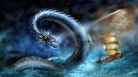 Sea Dragon Of Fury - fascinating, ship, abstract, cloud, fury, blue, dragon, sea, boat