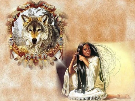 native woman - beauty, pride, brave, wolf