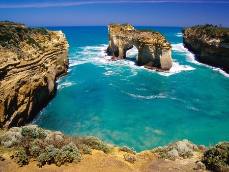 Loch Ard Gorge~Port Campbell National Park, Australia - gorge, blue water, ocean, beach, foilage, beautiful, sea, cliffs