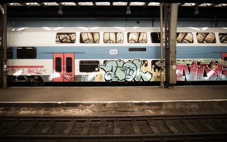 Train With Graffiti In Prague - train, station, abstract, prague, graffiti