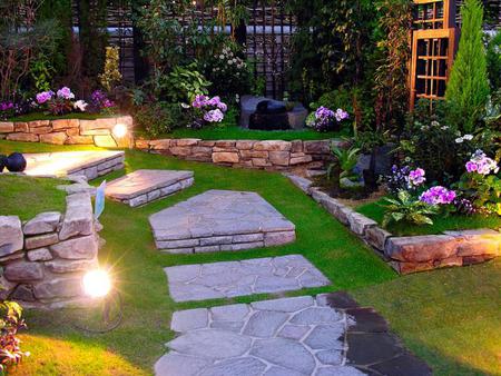 Beautiful greenhouse - purple, plants, lights, flowers, stonewalkway, green, grass