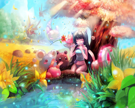 Pokemon - neko, anime girl, female, water, pond, forest, tree, fantasy, animal, cute