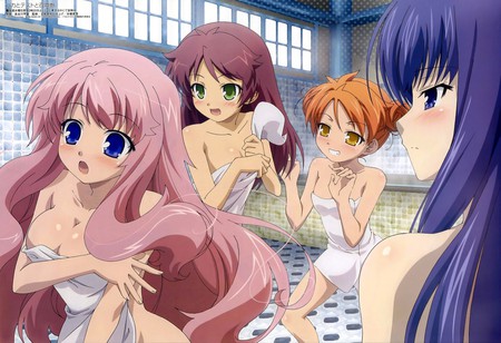 Baka to test to shokanju girls in bath  - girls, anime girls, hot, female, smiling, blushing, steam, playing, bath, anime, towels, cute